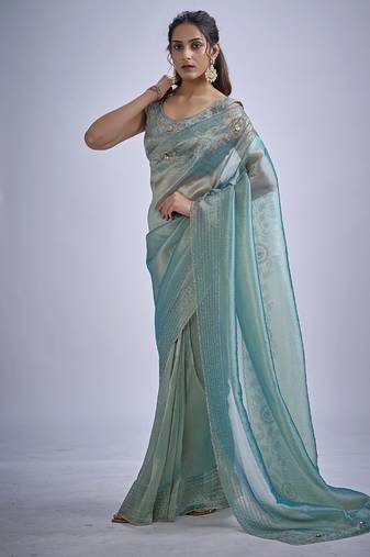 indian sky blue zarkan butta handwork kanjivaram silk saree