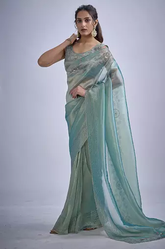 indian sky blue zarkan butta handwork kanjivaram silk saree