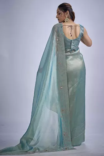 indian sky blue zarkan butta handwork kanjivaram silk saree