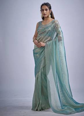 indian sky blue zarkan butta handwork kanjivaram silk saree 3