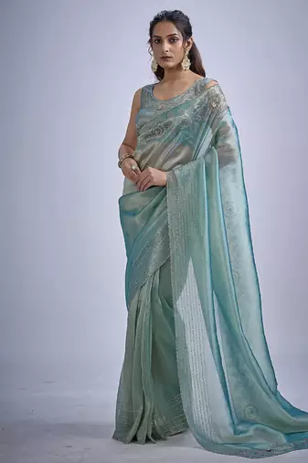 indian sky blue zarkan butta handwork kanjivaram silk saree