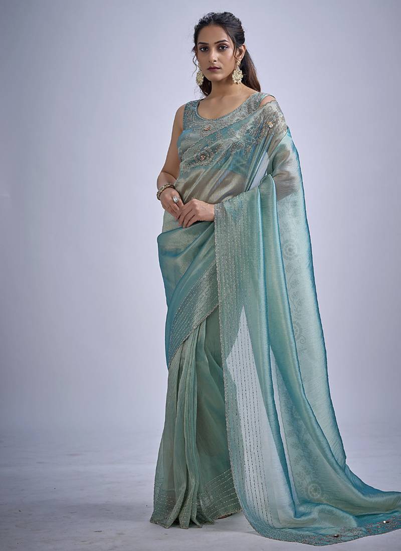 indian sky blue zarkan butta handwork kanjivaram silk saree