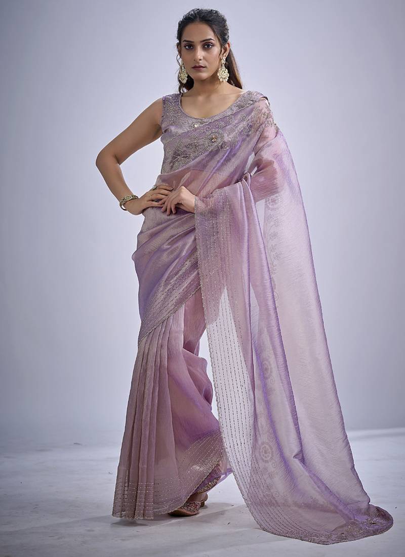 indian lavender zarkan butta handwork kanjivaram silk saree
