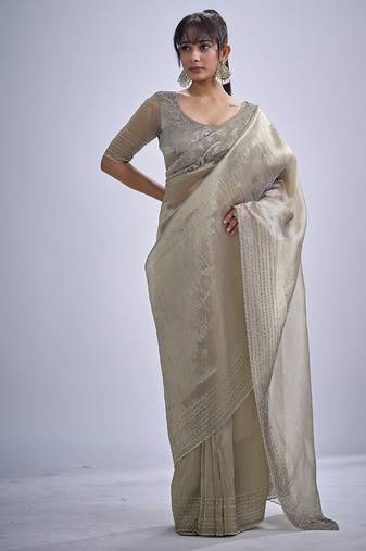 indian grey zarkan butta handwork kanjivaram silk saree