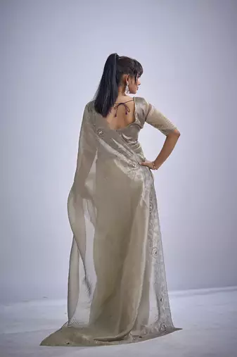 indian grey zarkan butta handwork kanjivaram silk saree