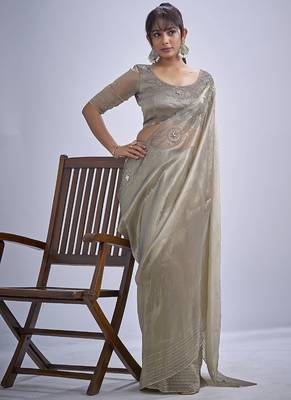 indian grey zarkan butta handwork kanjivaram silk saree 3