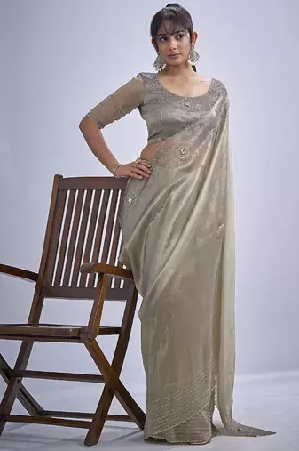 indian grey zarkan butta handwork kanjivaram silk saree