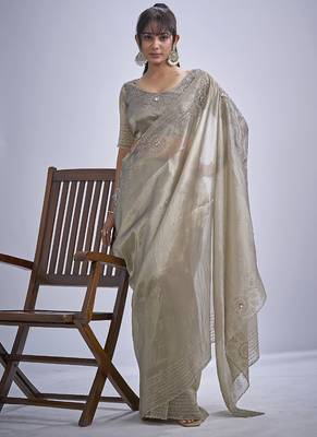 indian grey zarkan butta handwork kanjivaram silk saree 4