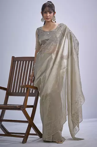 indian grey zarkan butta handwork kanjivaram silk saree