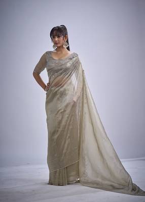 indian grey zarkan butta handwork kanjivaram silk saree 5