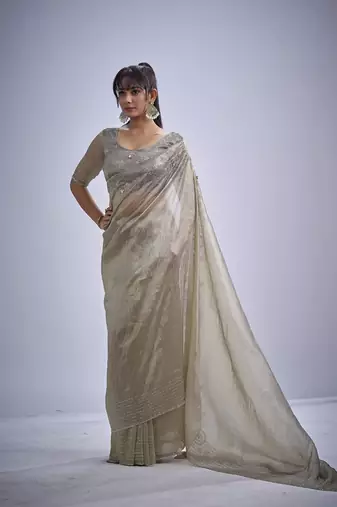 indian grey zarkan butta handwork kanjivaram silk saree