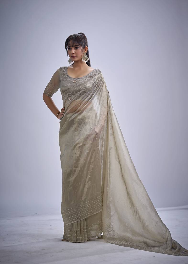 indian grey zarkan butta handwork kanjivaram silk saree