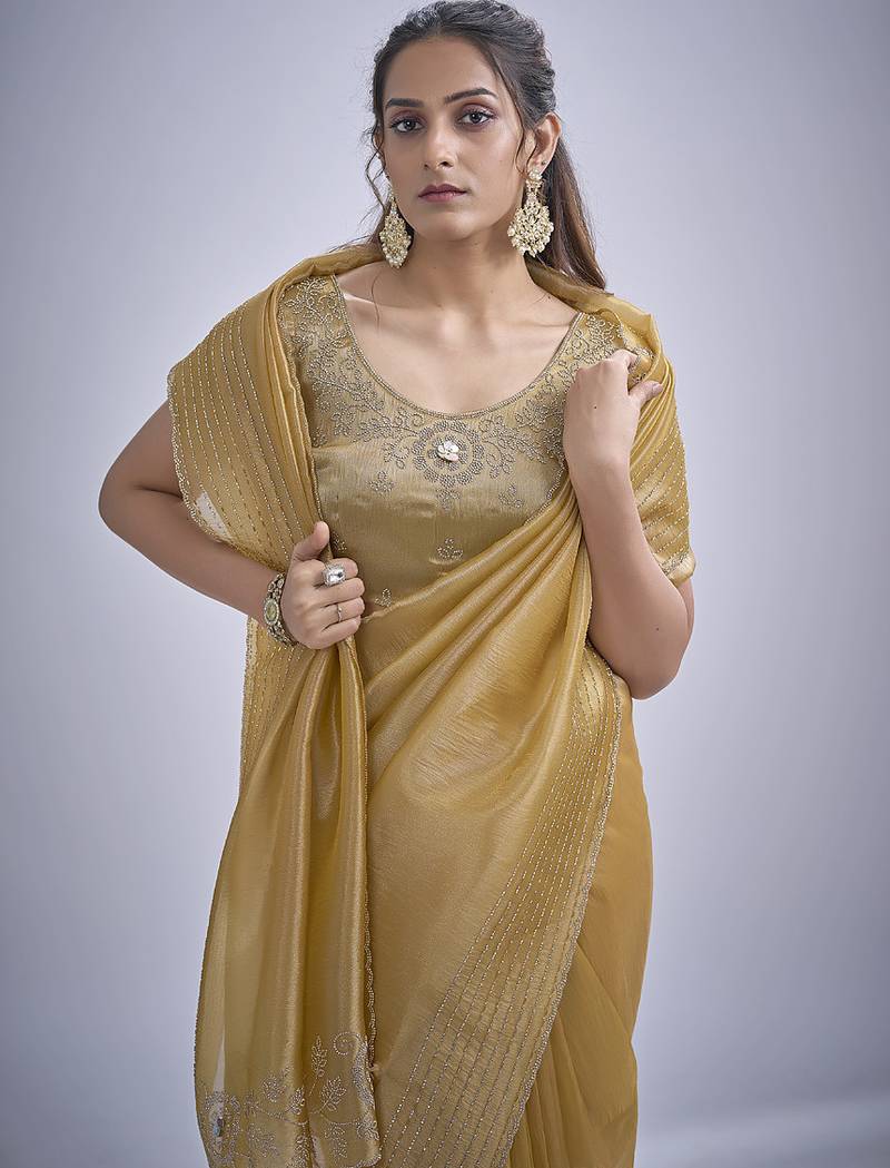 indian mustard zarkan butta handwork kanjivaram silk saree