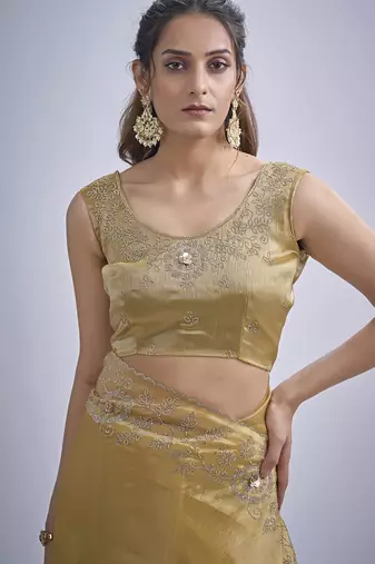 indian mustard zarkan butta handwork kanjivaram silk saree