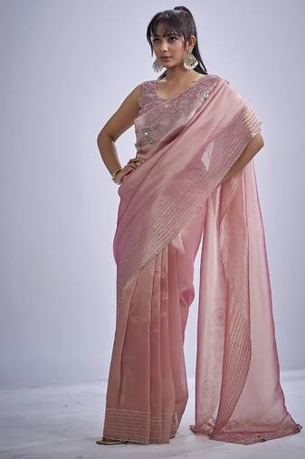 indian pink zarkan butta handwork kanjivaram silk saree
