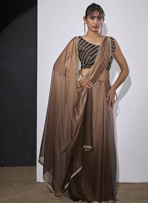 designer golden brown heavy zarkan hand work silk saree 1