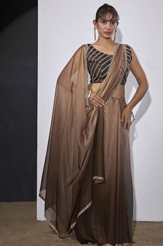 designer golden brown heavy zarkan hand work silk saree