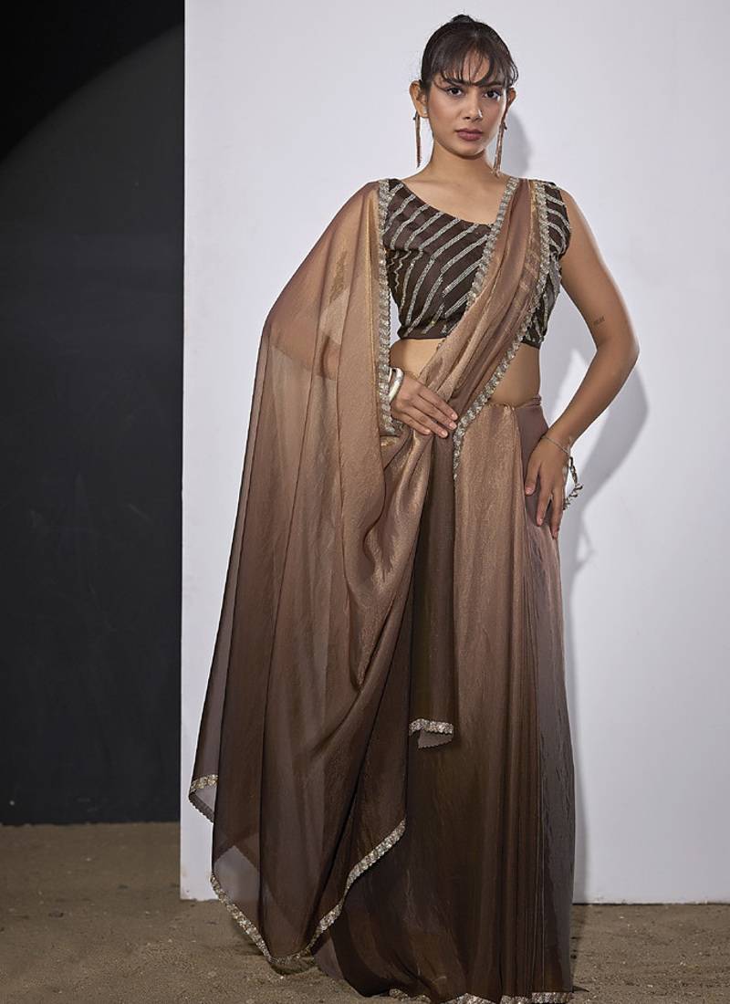 designer golden brown heavy zarkan hand work silk saree