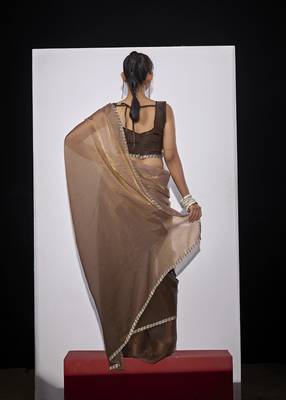 designer golden brown heavy zarkan hand work silk saree 2