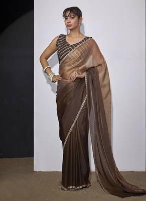 designer golden brown heavy zarkan hand work silk saree 3