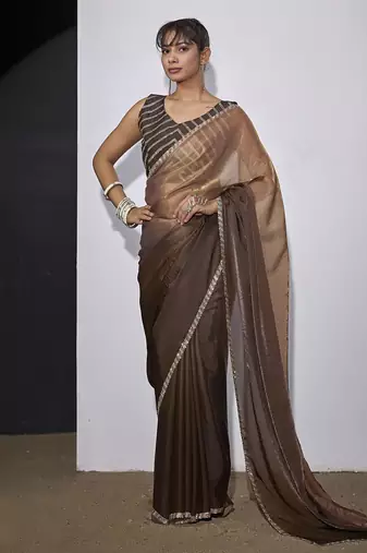 designer golden brown heavy zarkan hand work silk saree