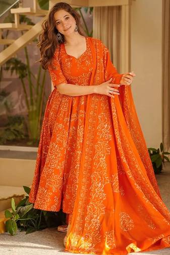 Orange printed muslin salwar suit