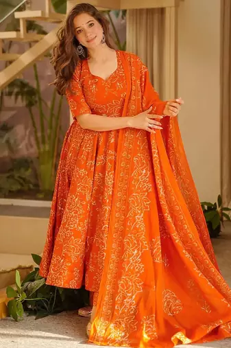 Orange printed muslin salwar suit