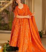 Orange printed muslin salwar suit
