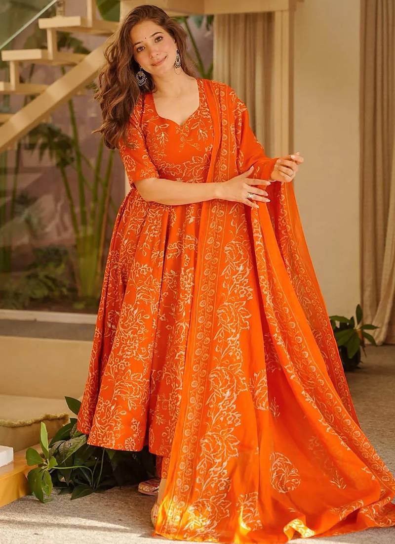 Orange printed muslin salwar suit