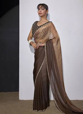 designer golden brown heavy zarkan hand work silk saree 4