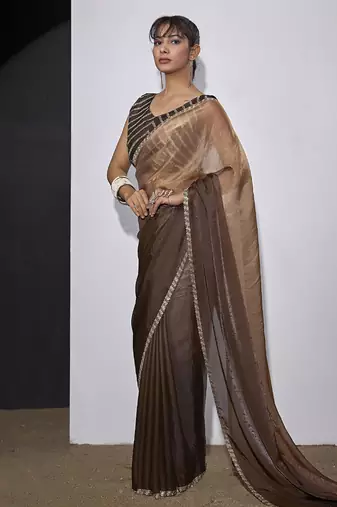 designer golden brown heavy zarkan hand work silk saree