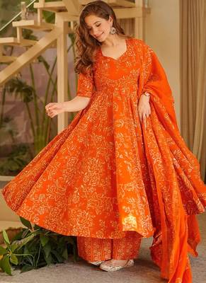 Orange printed muslin salwar suit 2
