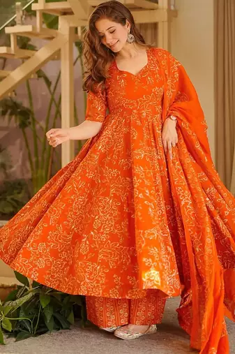 Orange printed muslin salwar suit