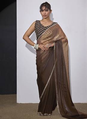 designer golden brown heavy zarkan hand work silk saree 5