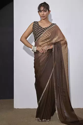 designer golden brown heavy zarkan hand work silk saree
