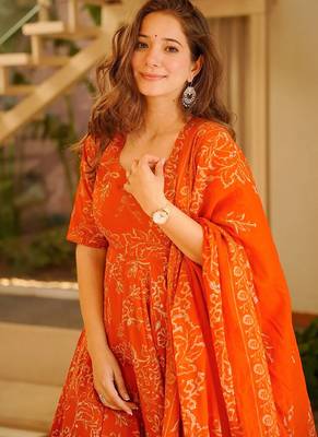 Orange printed muslin salwar suit 3