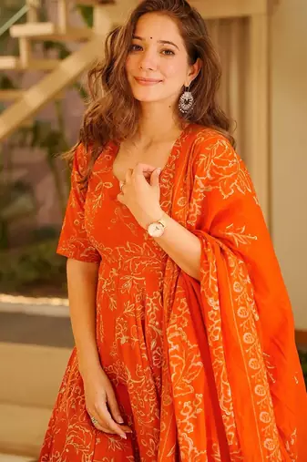 Orange printed muslin salwar suit