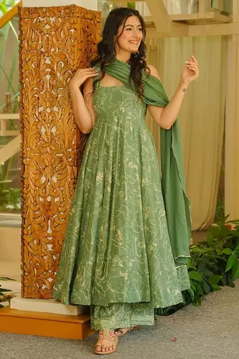 Green printed muslin salwar suit