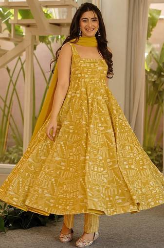 Yellow printed muslin salwar suit