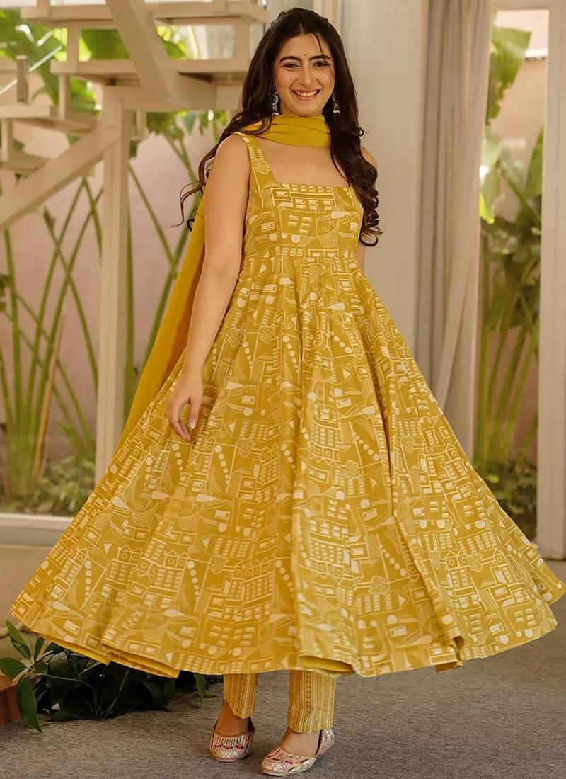 Yellow printed muslin salwar suit