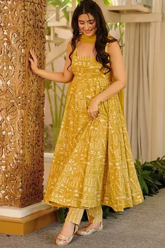 Yellow printed muslin salwar suit