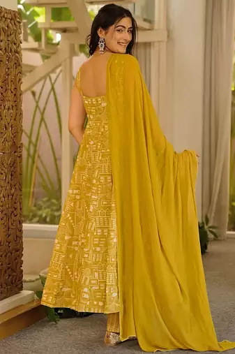 Yellow printed muslin salwar suit