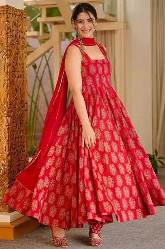 Red printed muslin salwar suit