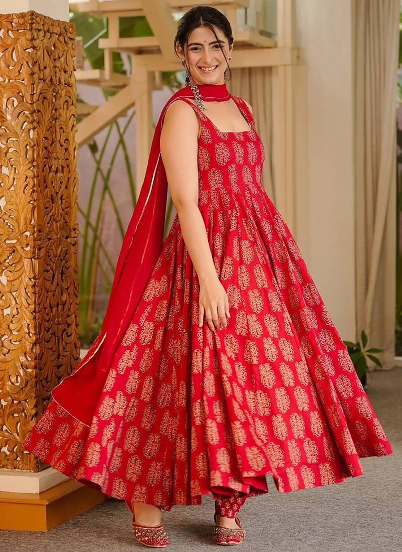 Red printed muslin salwar suit