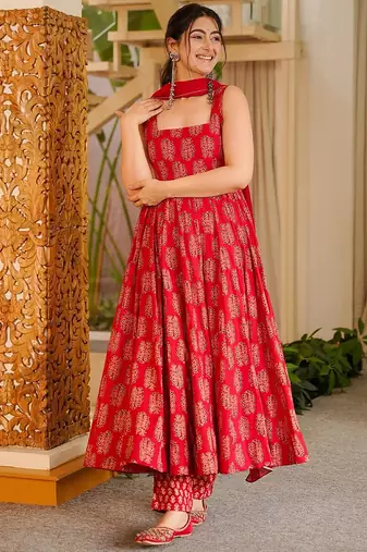 Red printed muslin salwar suit