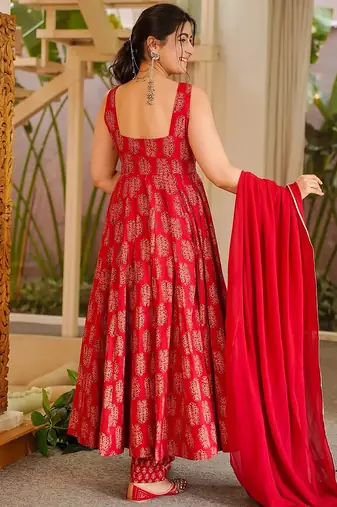Red printed muslin salwar suit