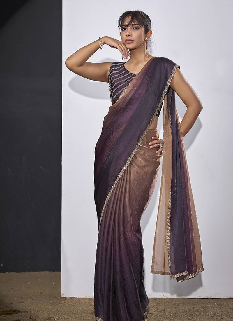 designer golden purple heavy zarkan hand work silk saree