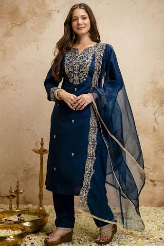 Dark-blue embroidered chanderi salwar suit