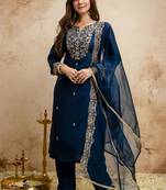 Dark-blue embroidered chanderi salwar suit
