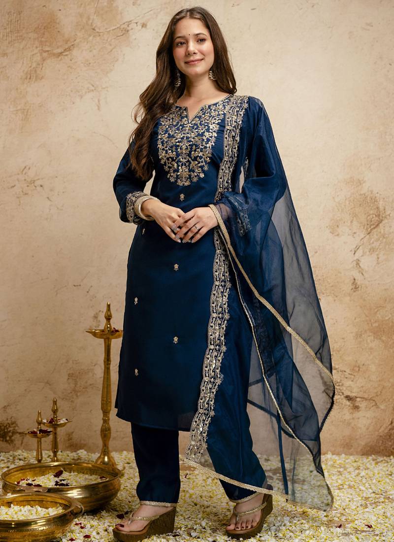 Dark-blue embroidered chanderi salwar suit
